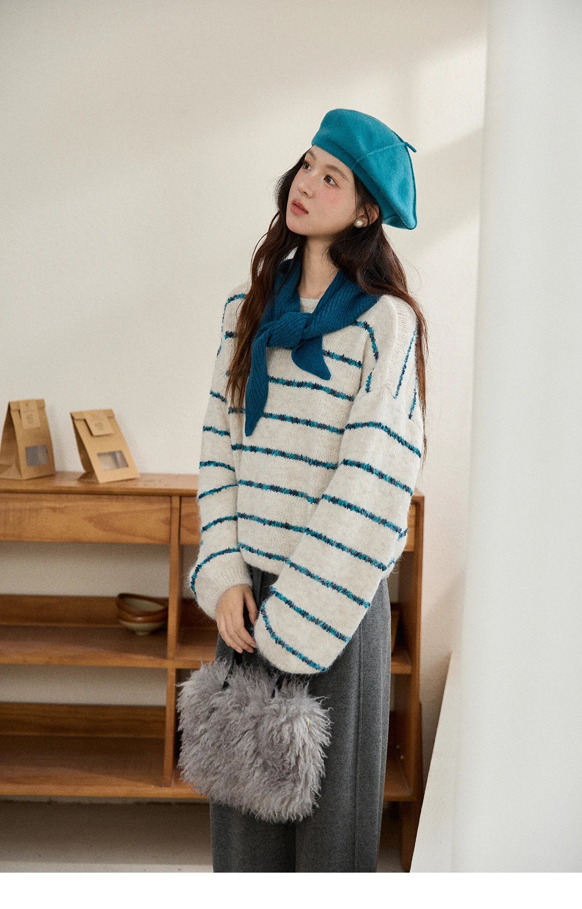 Mishow Blue Striped Alpaca Wool Sweater with Scarf Set MXE90Z2821
