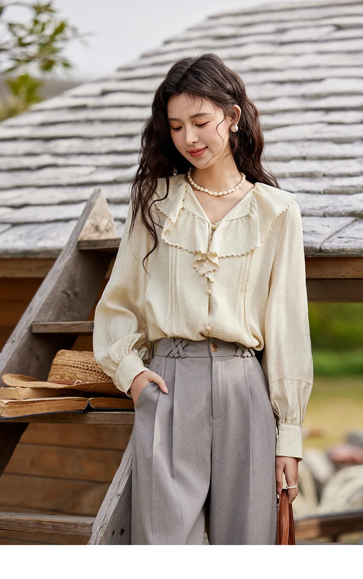 MISHOW Lotus Leaf Collar Shirt Bubble Sleeves Pink Chiffon MXE12X1702