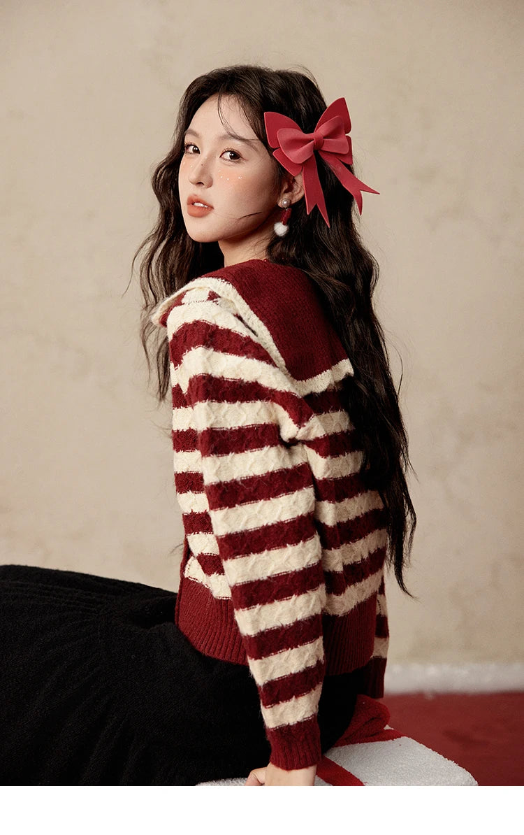 Mishow Christmas Red Striped Wool Blend Cropped Cardigan MXD58Z1038