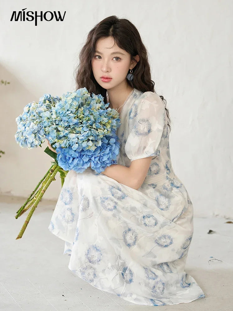Mishow Taraxacum Print V-Neck Puff Sleeve Dress MXC39L1555