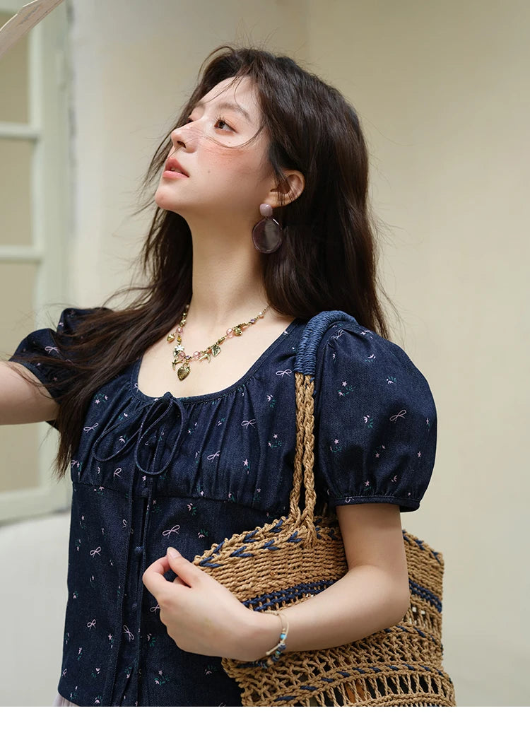 MISHOW Puff Sleeve Square Neck Blouse Lace Up Print Denim MXE39X1933