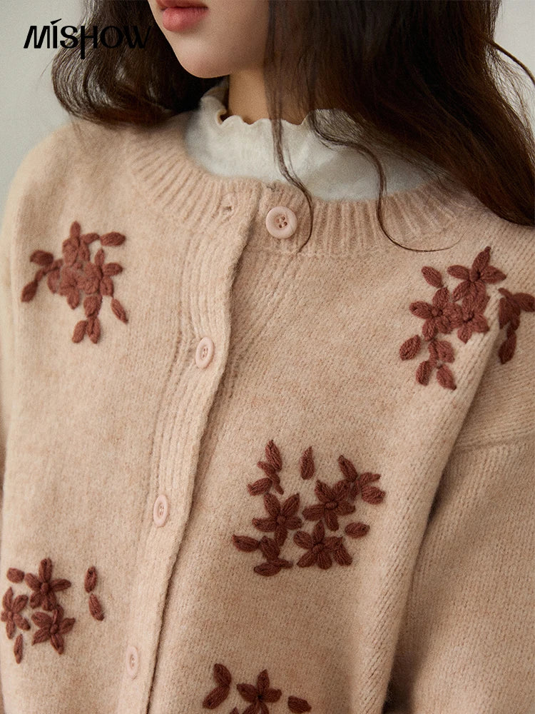 Mishow Floral Embroidery Round Neck Wool Cardigan MXE86Z2724