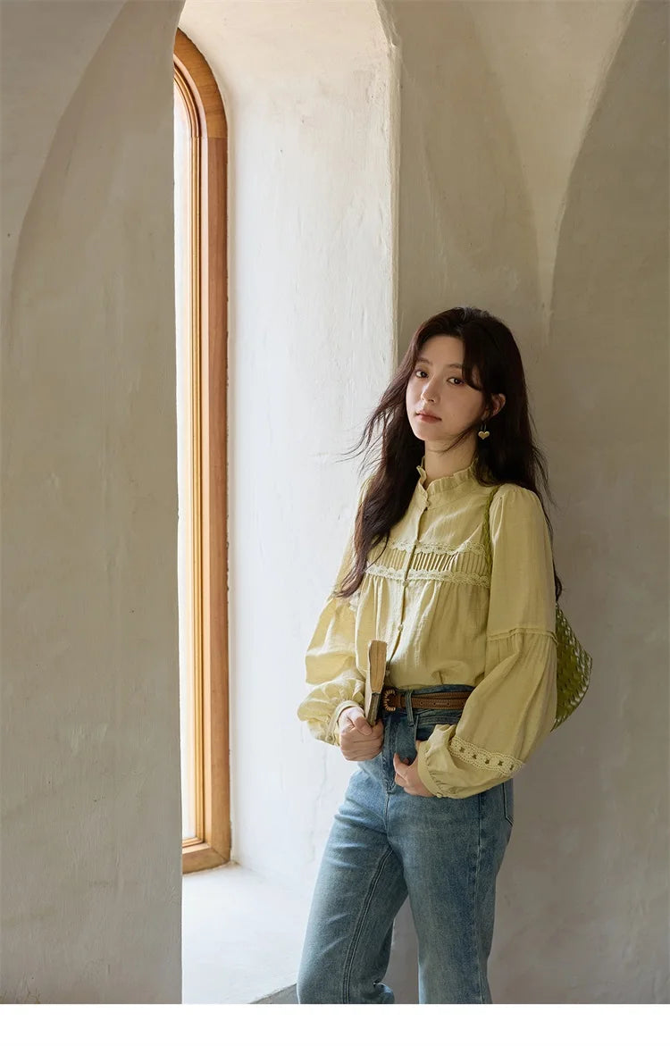 MISHOW Women's Light Yellow Linen Shirt Stand Collar Lace Sleeves MXE42X1976