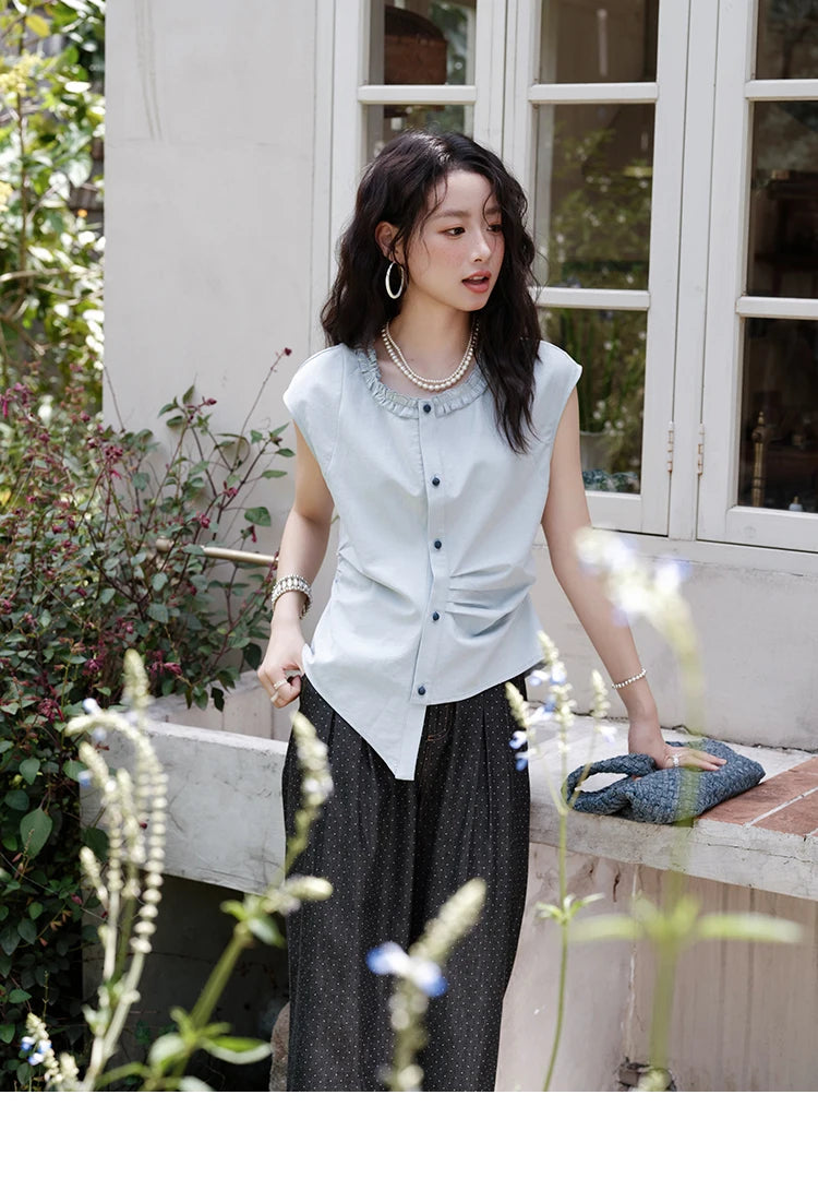 MISHOW Round Neck Sleeveless Shirt Button Front MXE38X1864