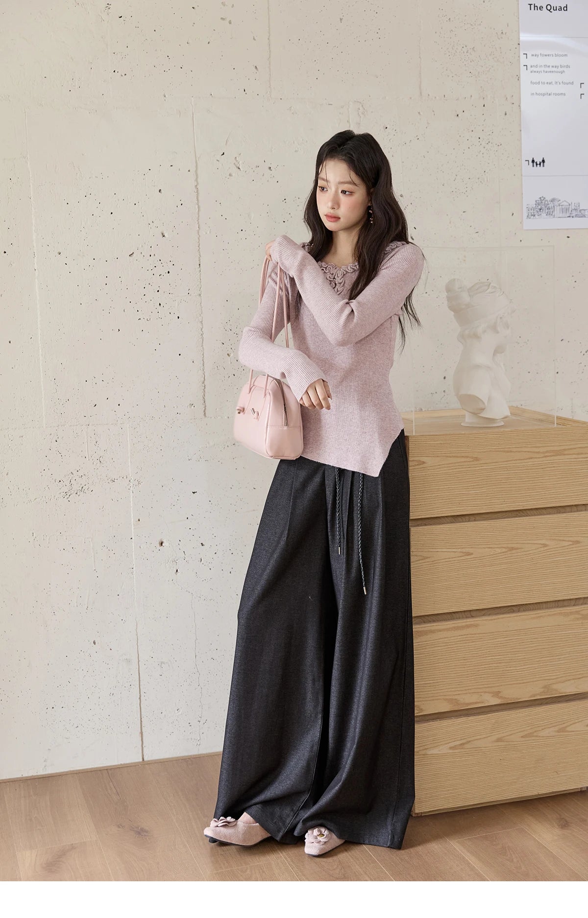 MISHOW Gray Wide-Leg Pants Lace-Up High Waist Slim MXE51K1106