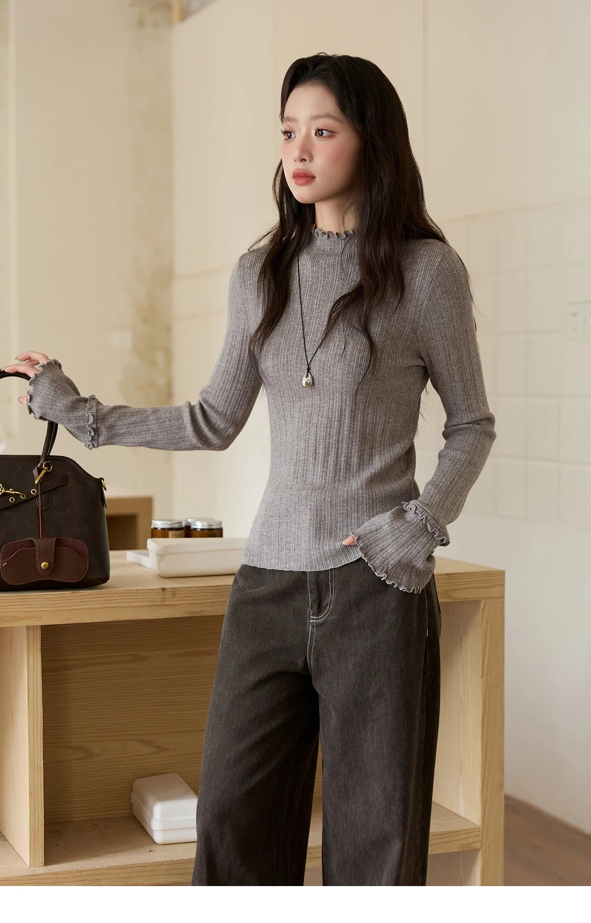 Mishow Turtleneck Wood Ear Trumpet Sleeve Top MXE51Z2552