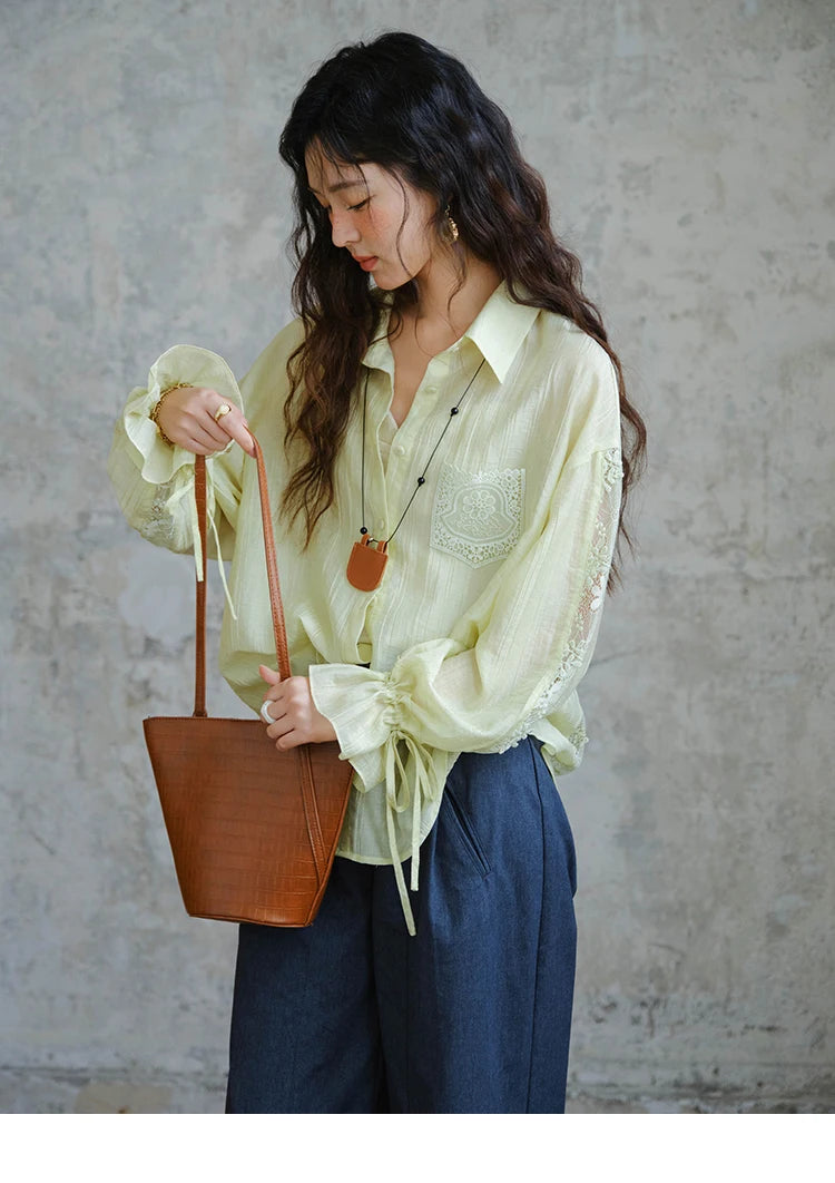 MISHOW Women's Patchwork Lace Shirt Lapel Drop Sleeve Drawstring Cuffs MXE31C0789