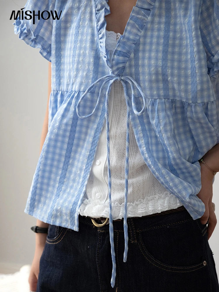 MISHOW Plaid Blue Fake Two Piece Blouse Puff Sleeve V-Neck Lace Up MXE37X1901