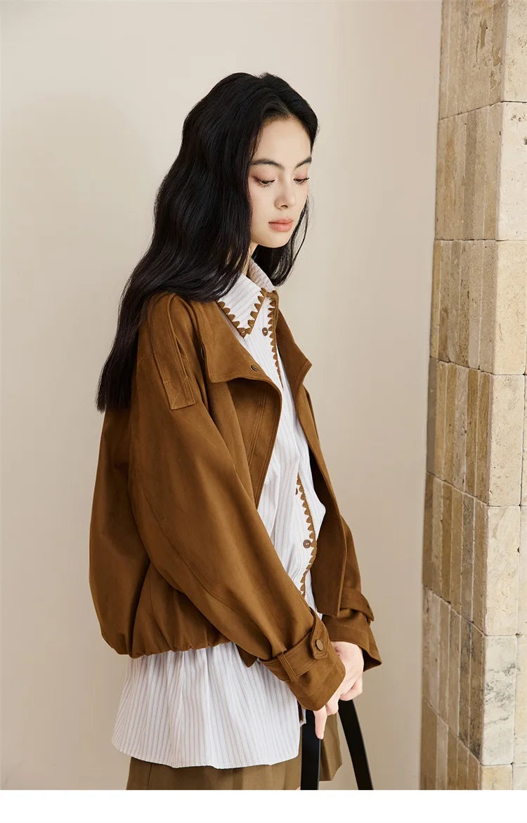 MISHOW Vintage Suede Short Jacket Brown Lapel Zipper MXE45W0869