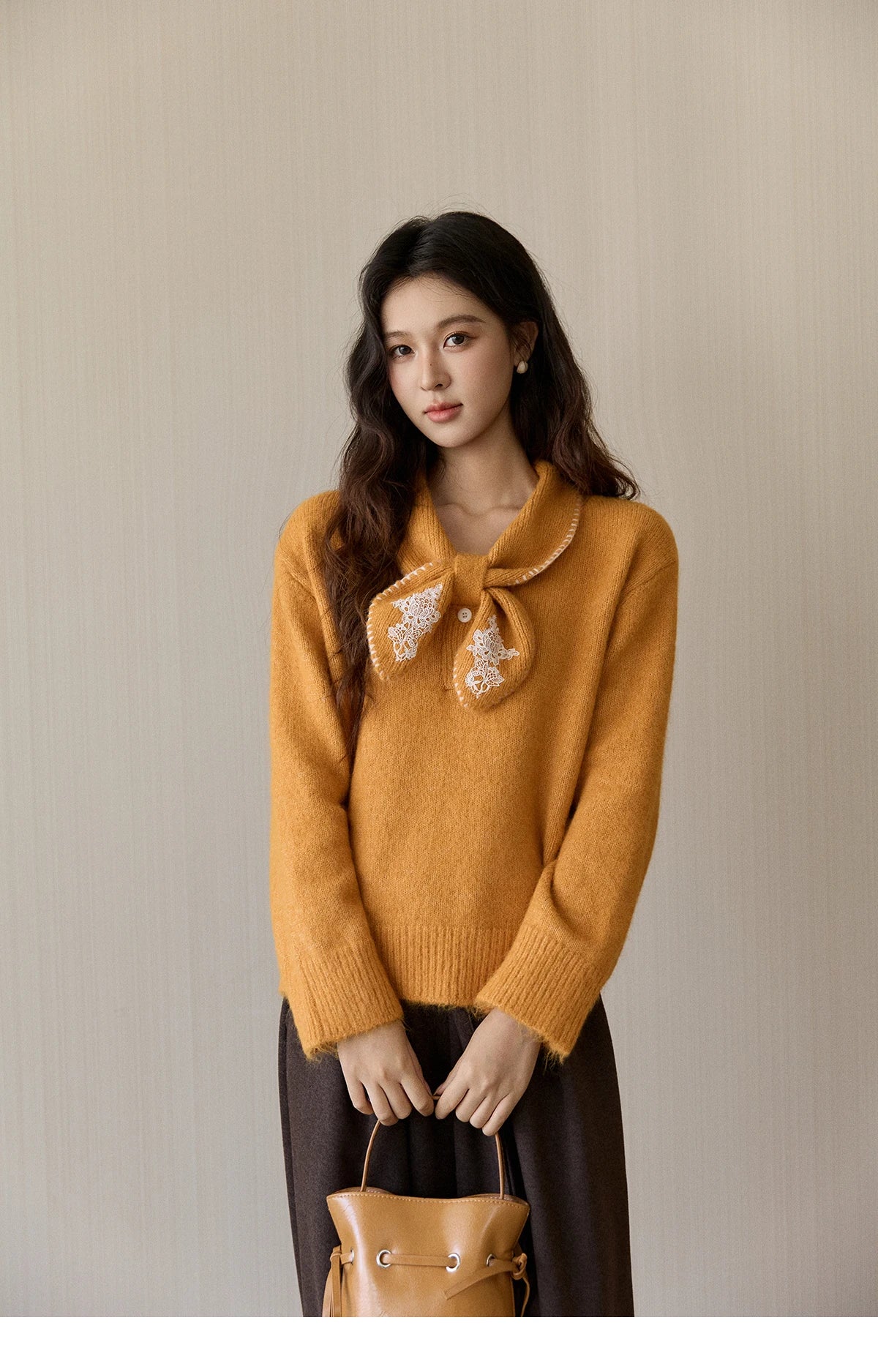 Mishow Yellow Bow Collar Lace Splicing Sweater MXE94Z2971