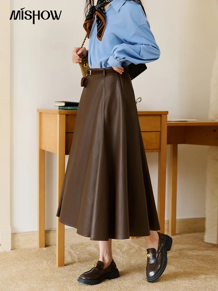 MISHOW PU Leather A-Line Skirt High Waist Retro Coffee MXE45B2412