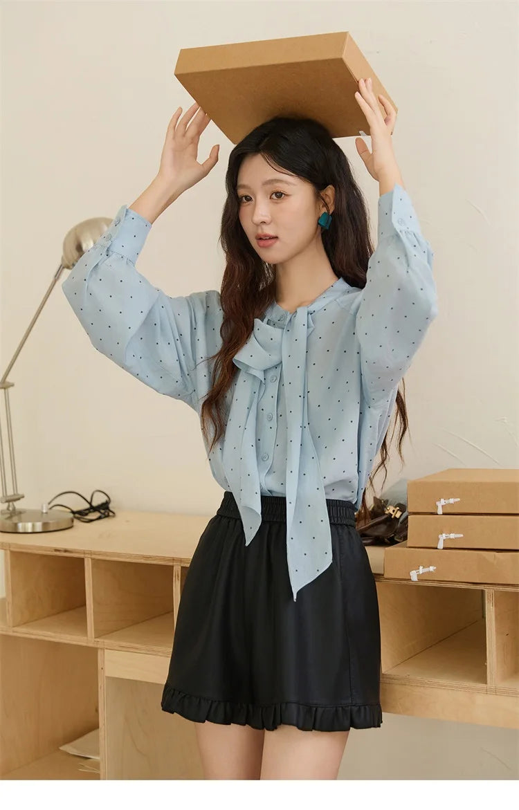 MISHOW Blue Polka Dot Shirt Bow Collar Long Sleeve MXE45X2475