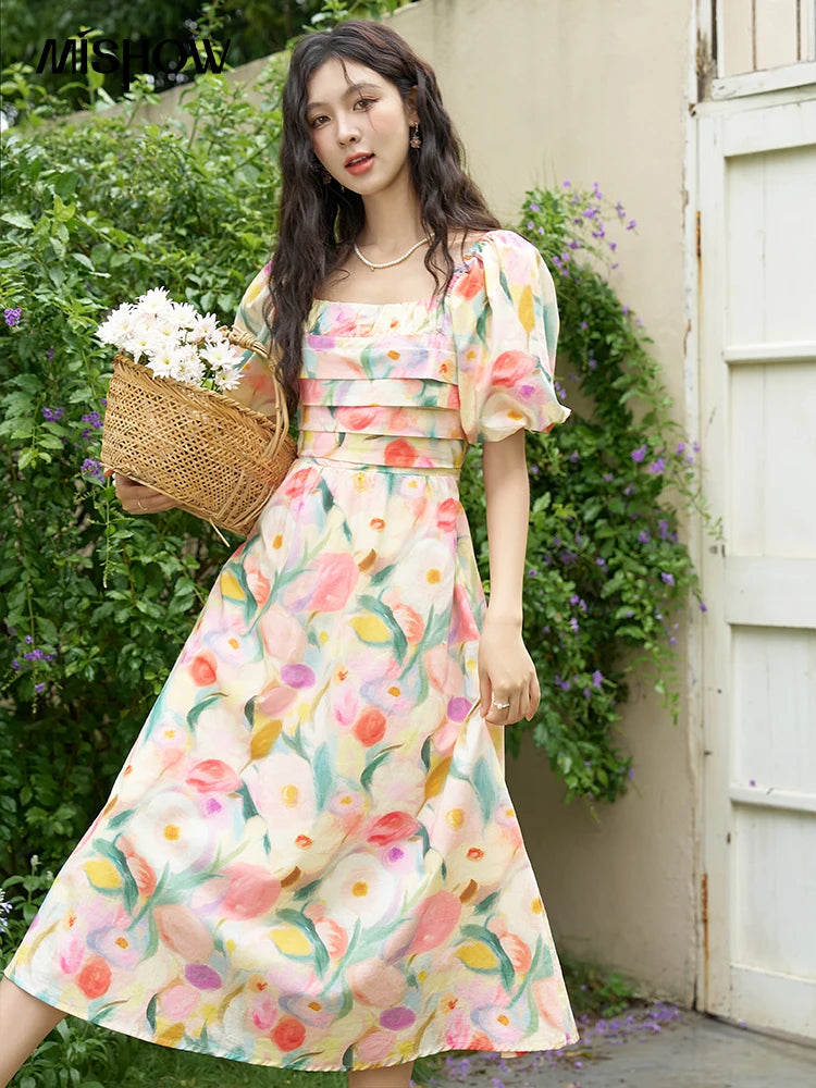 Mishow French Tulip Fragmented Flower Puff Dress MXD28L1896