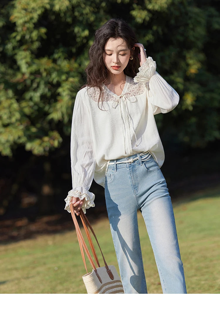 MISHOW Lace Patchwork Shirt V-Neck Fungus Edge Petal Sleeve MXE13X1713