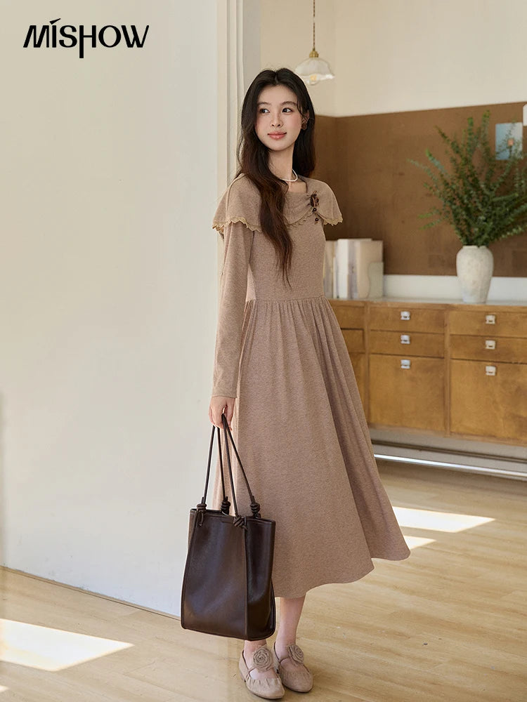 Mishow Khaki Large Collar Pleated Knit Dress MXF11L2553