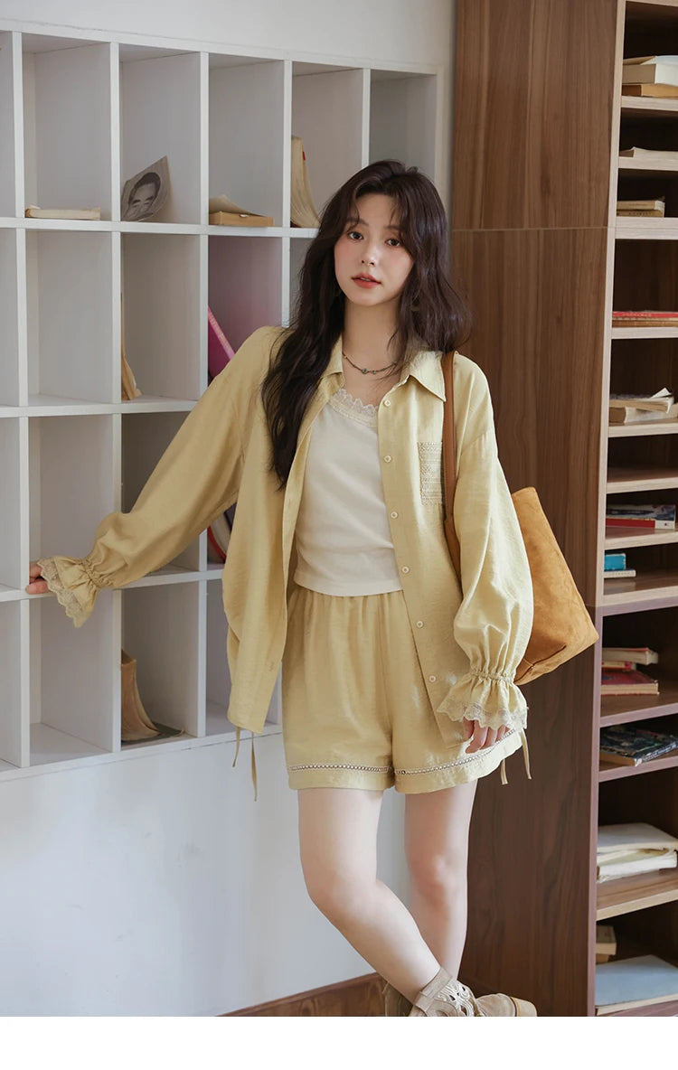 Mishow Yellow Linen Lace Shirt & Camisole & Shorts Three-Piece Set MXE42T0718