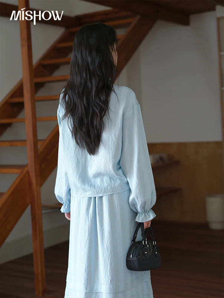 Mishow Light Blue Linen V-Neck Lace-Up Shirt & Elastic Skirt Set MXE41T0700