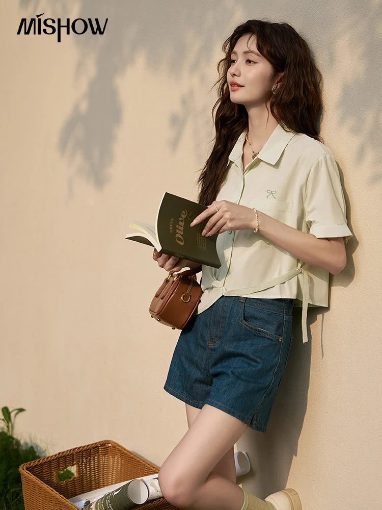 MISHOW Same Color Bow Embroidered Shirt Asymmetric Hem MXD23C0257