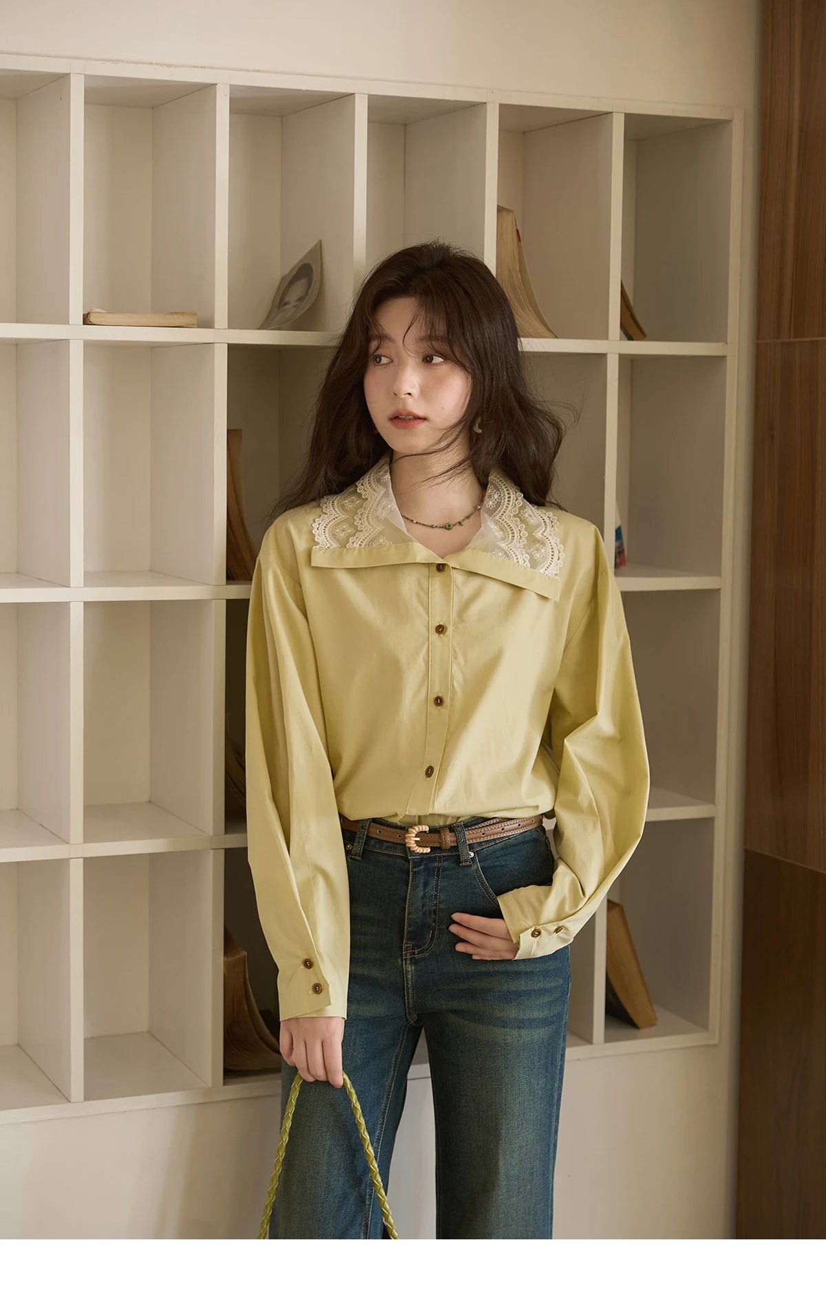 MISHOW Solid Cotton Shirt V-Neck Double Layer Lace MXE41C2366