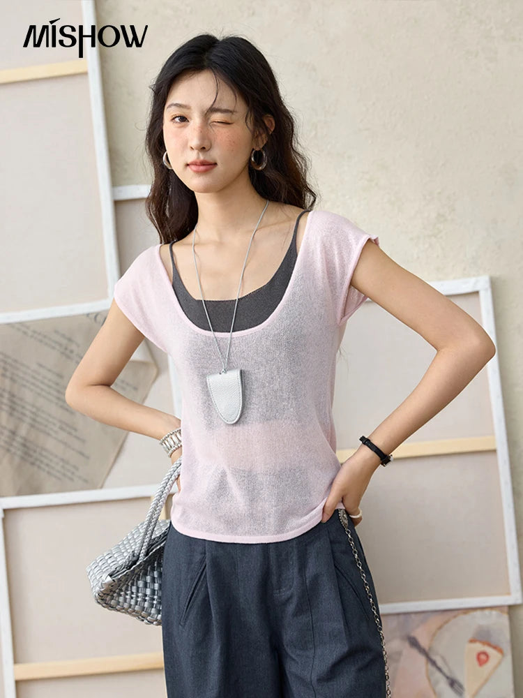 Mishow Linen Contrast Fake Two-Piece Knit Tee MXE36Z1277