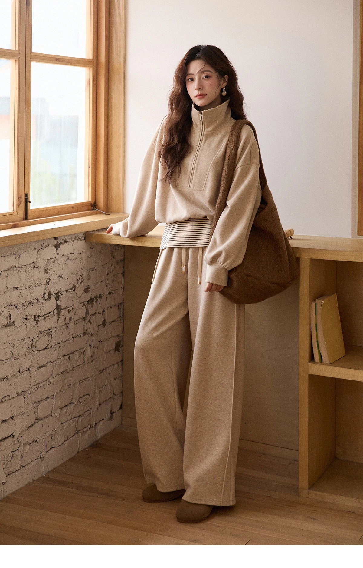 Mishow Retro Striped Lapel Half-Zip Sweatshirt & Wide Leg Pants Set MXE87T1425