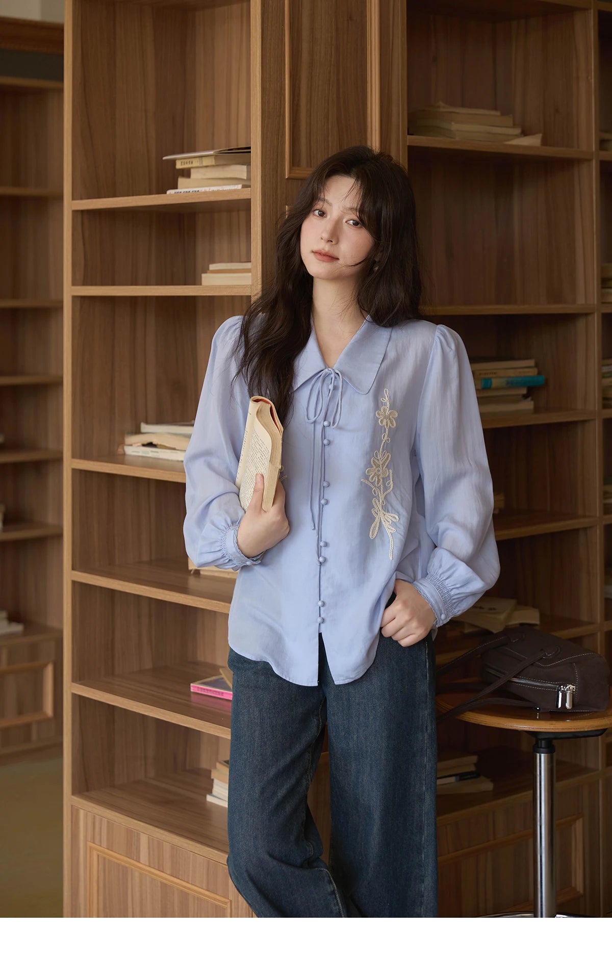 MISHOW Lyocell T-Shirt Flower Embroidered Puff Sleeves Lace-Up MXE42C2371
