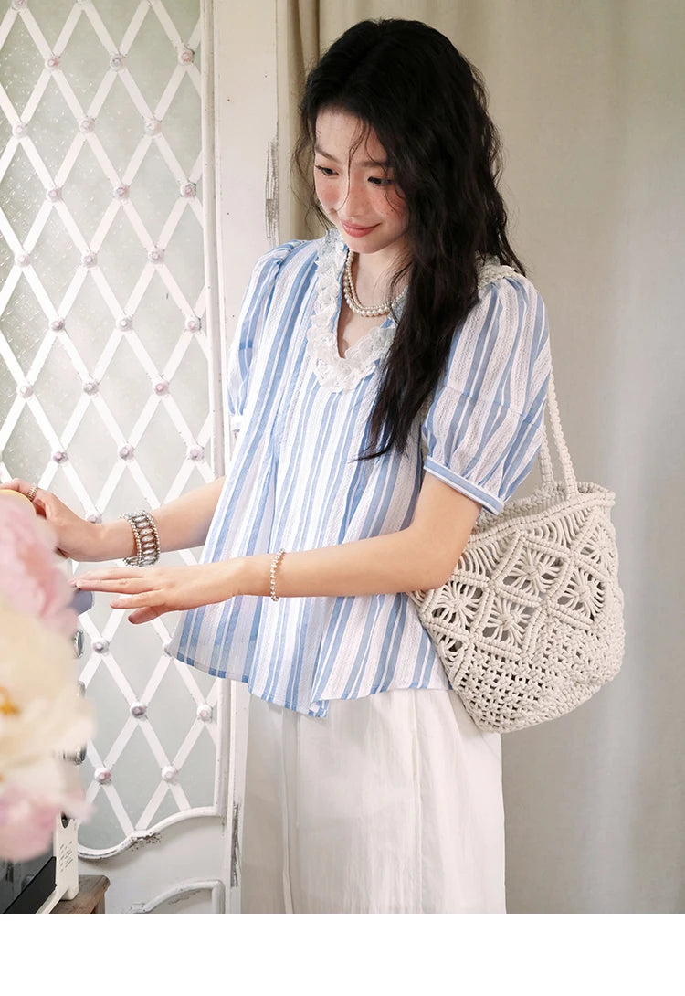 MISHOW Cotton Striped Blouse Lantern Sleeve Lace V-Neck MXE36X1845