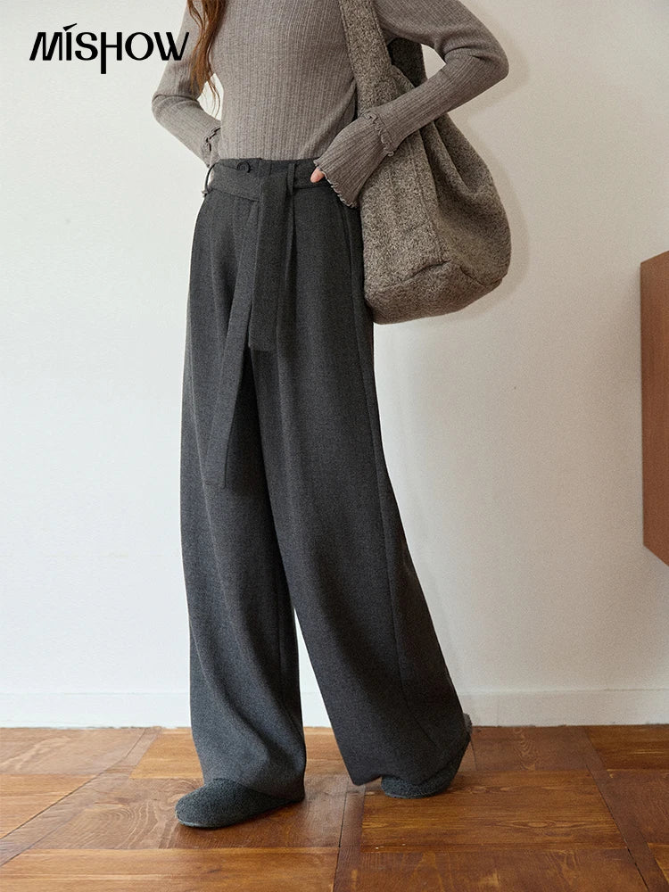 MISHOW Retro Gray Wide-Leg Pants Elastic Waist Warm MXE89K1099
