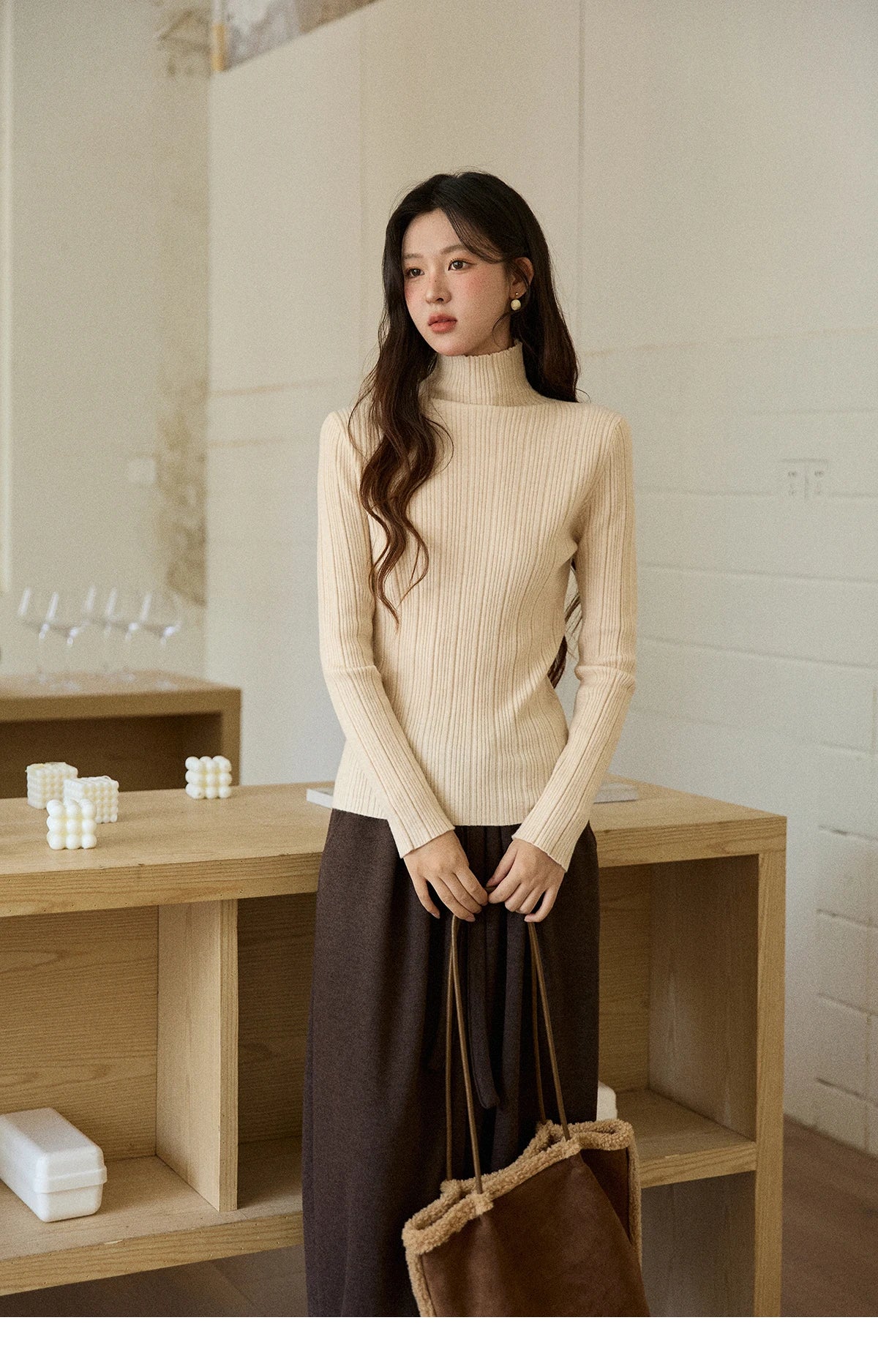 Mishow Solid Turtleneck Vertical Ribbed Slim Top MXE86Z2656