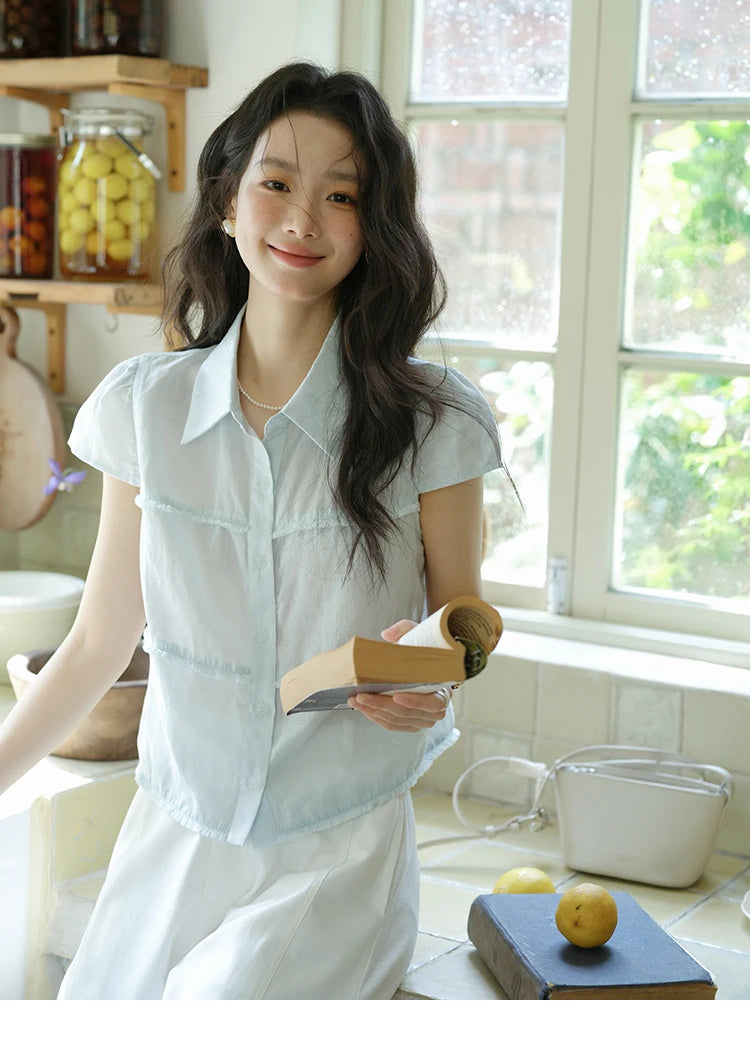 MISHOW Turn-Down Collar Button Shirt Edge Splicing Short Sleeve MXE39C2363