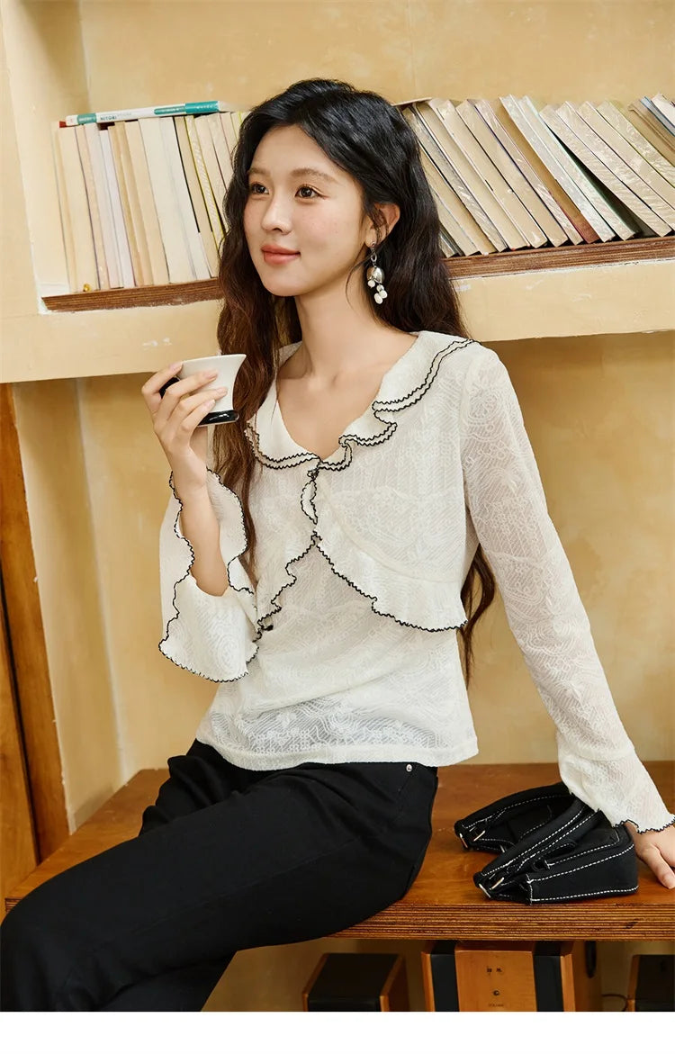 MISHOW Lace Blouse V-Neck Ruffle Edge Contrast Embroidery Flare Sleeve MXE45X2483