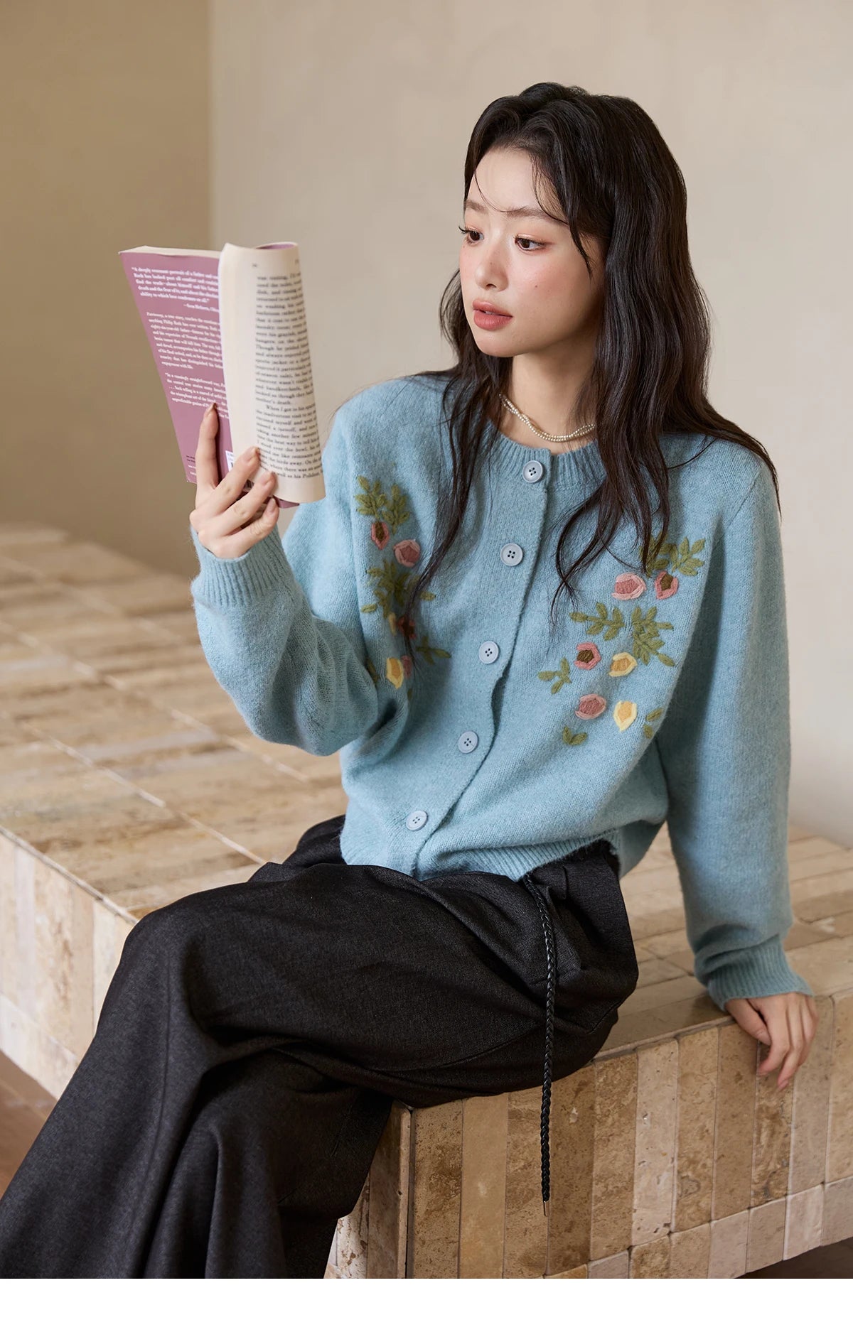 Mishow Blue Floral Embroidered Wool Cardigan MXE51Z2695
