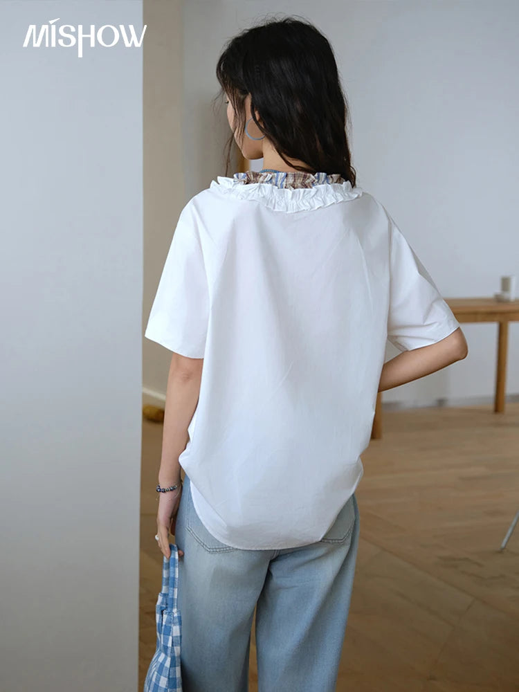 MISHOW V-Neck Shirt Patchwork Double Layer Fungus Edge Button MXE35X1793