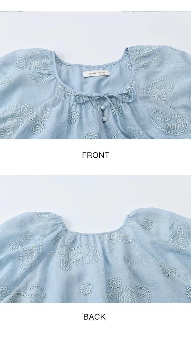 MISHOW Embroidered Flower Shirt Puff Sleeve Round Neck MXE39X1922