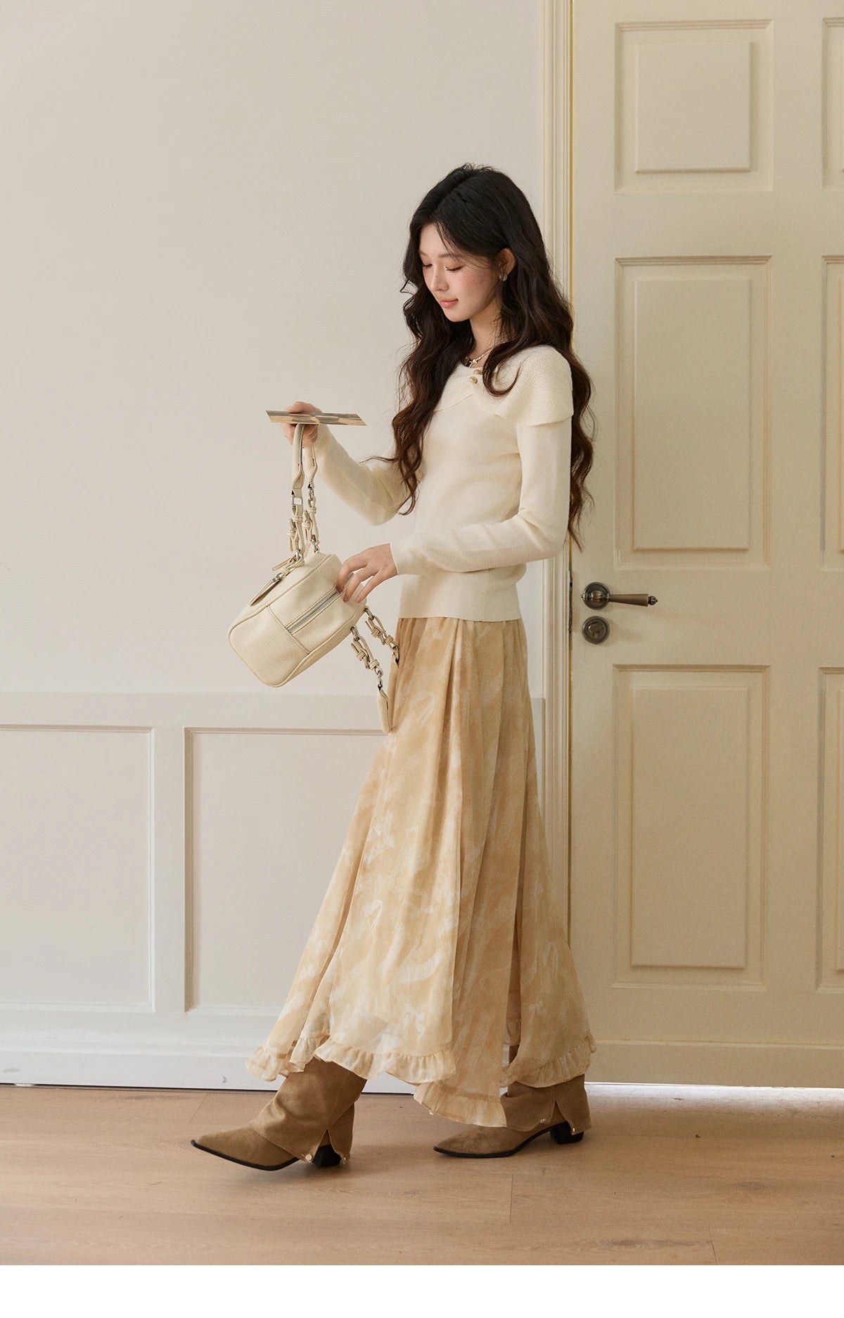 MISHOW Beige Chiffon Maxi Skirt Floral Print High Waist Ruffled Asymmetrical MXF11B2463