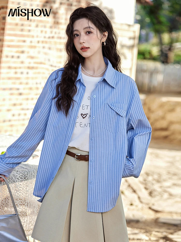 MISHOW Blue Striped Shirt Pocket Turn-Down Collar MXE11C0399