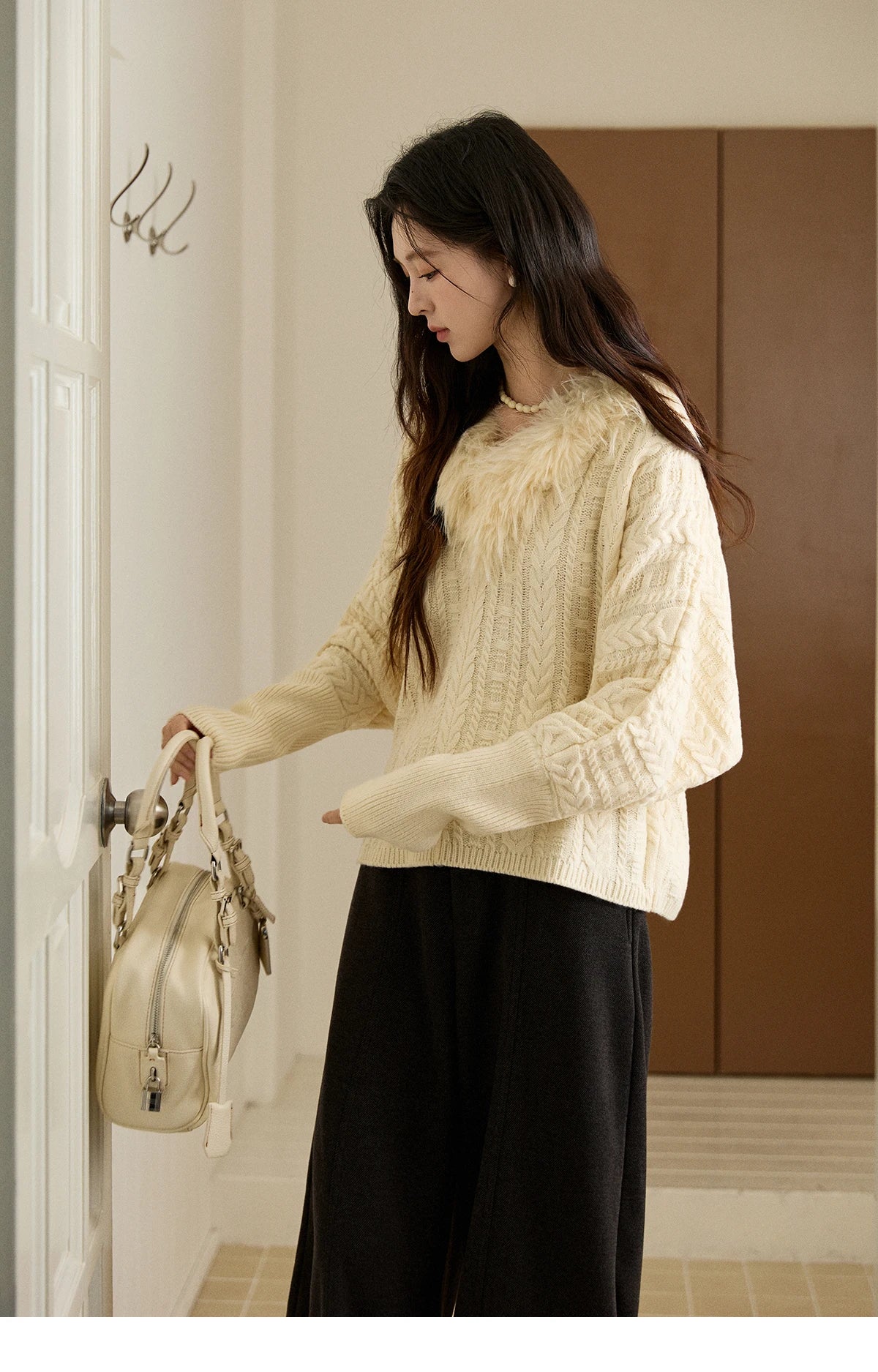 Mishow Faux Fur Collar Batwing Cable Knit Pullover MXE94Z2985