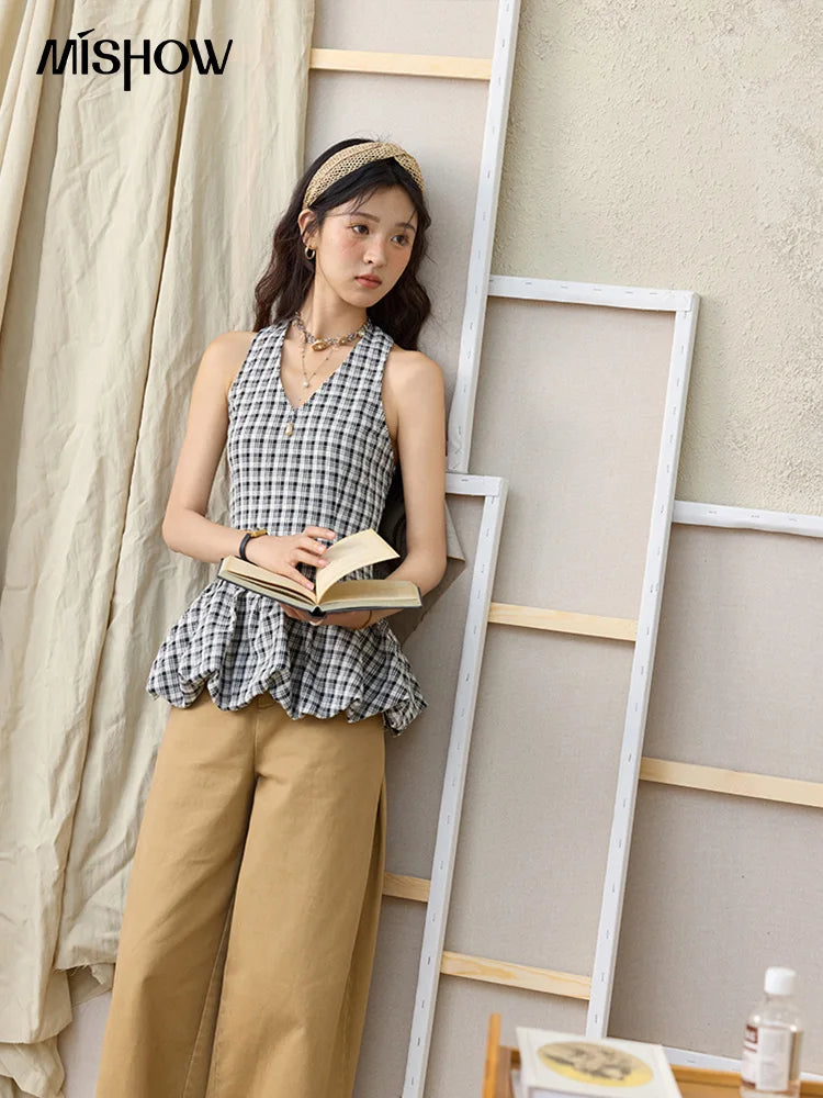 MISHOW Cotton Khaki Lace Patchwork Wide Leg Pants High Waist MXE34K0925