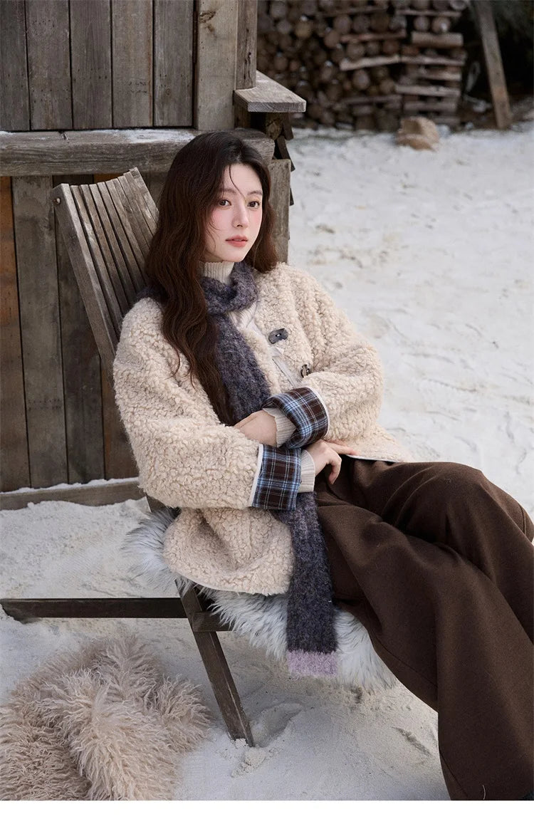 Mishow Plaid Patchwork Curly Lambswool Coat MXE87W0939