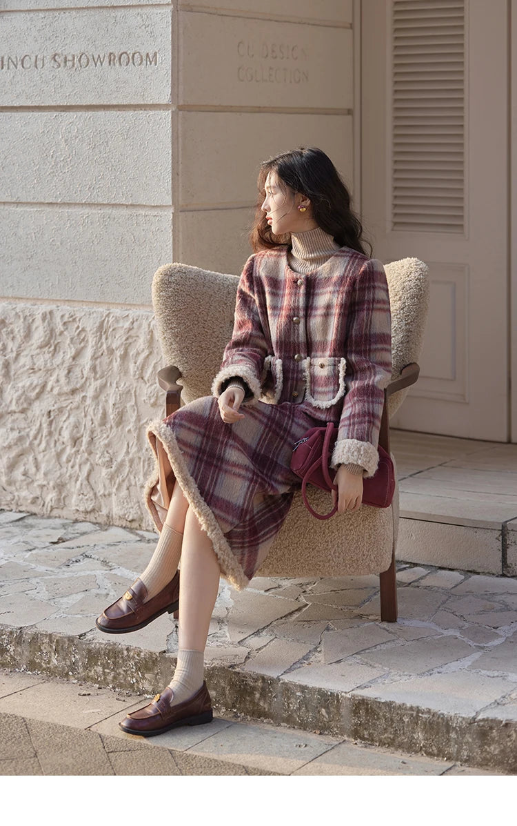 Mishow Plaid Tweed Jacket & Midi Skirt Set MXD54W0562