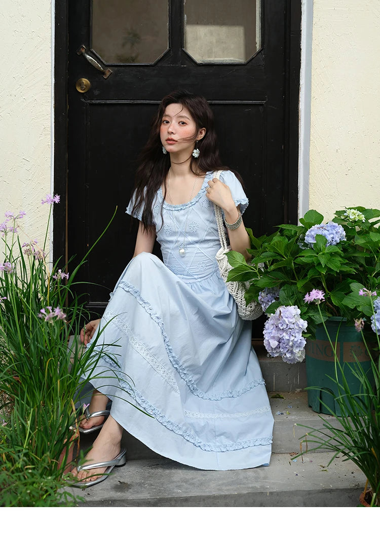 Mishow Blue Lace Mushroom Edge Puff Sleeve Dress MXE38L2348