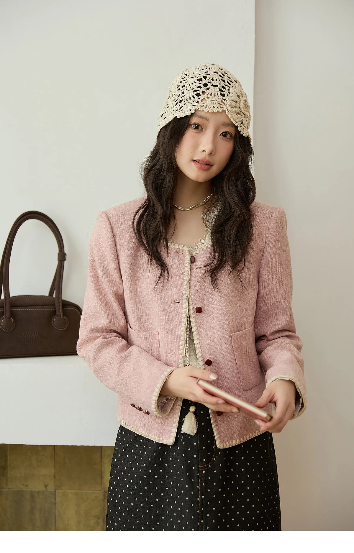 MISHOW Solid Tweed Jacket Round Neck Long Sleeved Short MXE44W0812