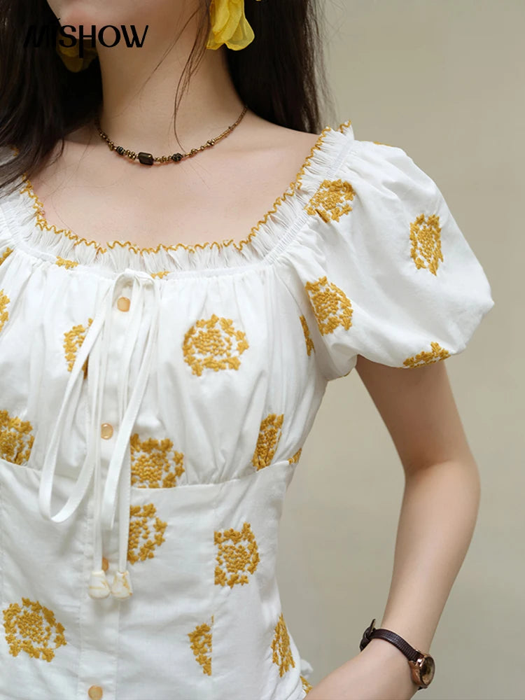 MISHOW Yellow Flower Embroidery Blouse Puff Sleeve Lace Up MXE35X1811