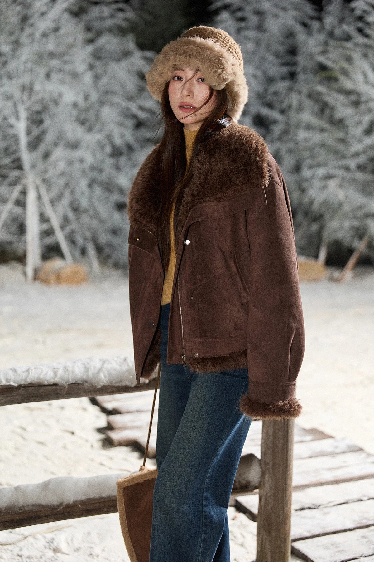MISHOW Blue Plush Jacket Turn-Down Collar Zip-Up Loose MXE87W0917