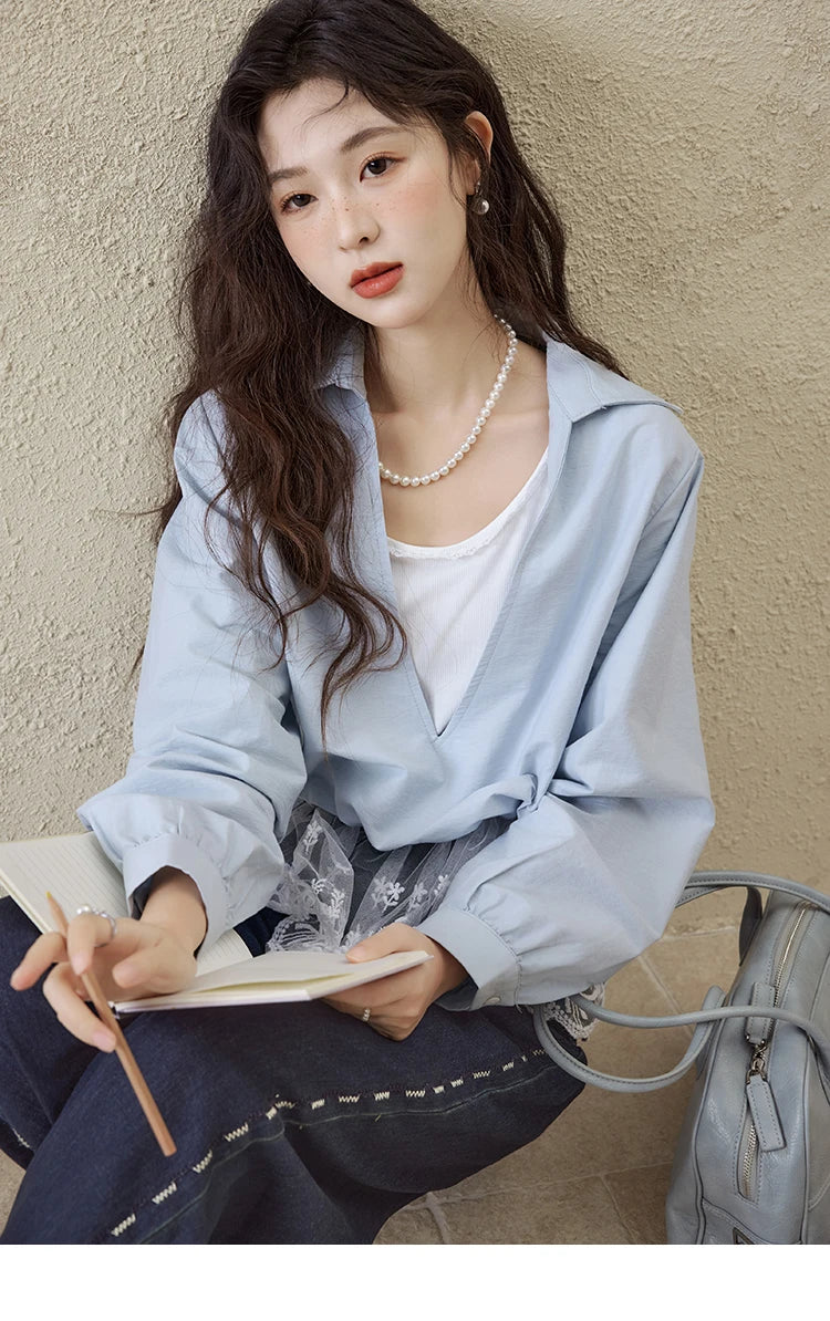 MISHOW French Fake Two-Piece Blouse Turn-Down Collar Lace Splicing MXE16C0783