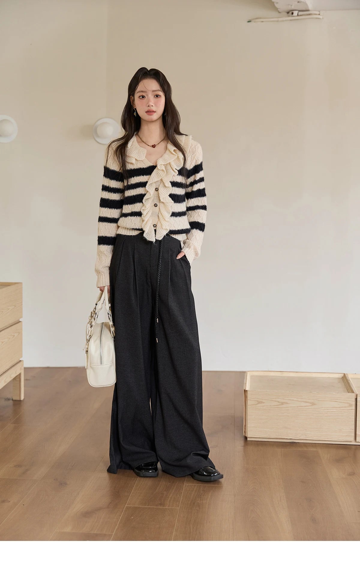 Mishow Striped Asymmetrical Ruffled Cardigan MXE51Z2633