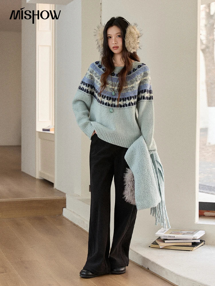 Mishow Blue Fair Isle Geometric Jacquard Pullover MXE87Z2767