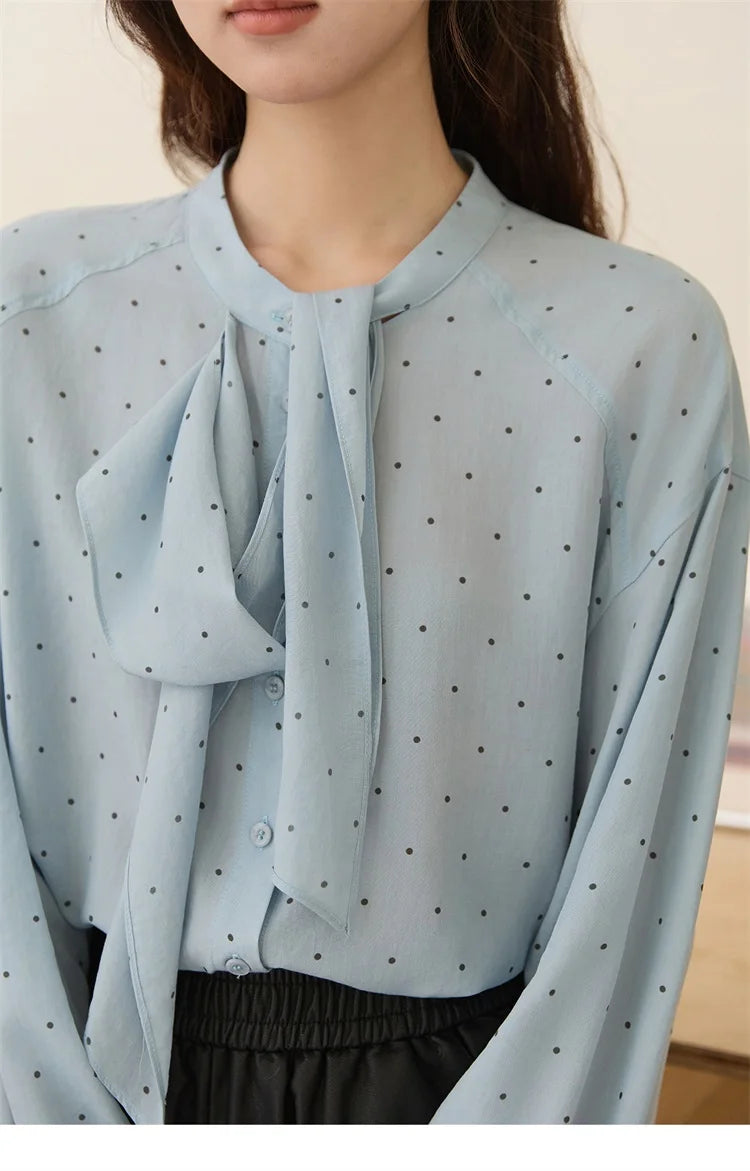 MISHOW Blue Polka Dot Shirt Bow Collar Long Sleeve MXE45X2475