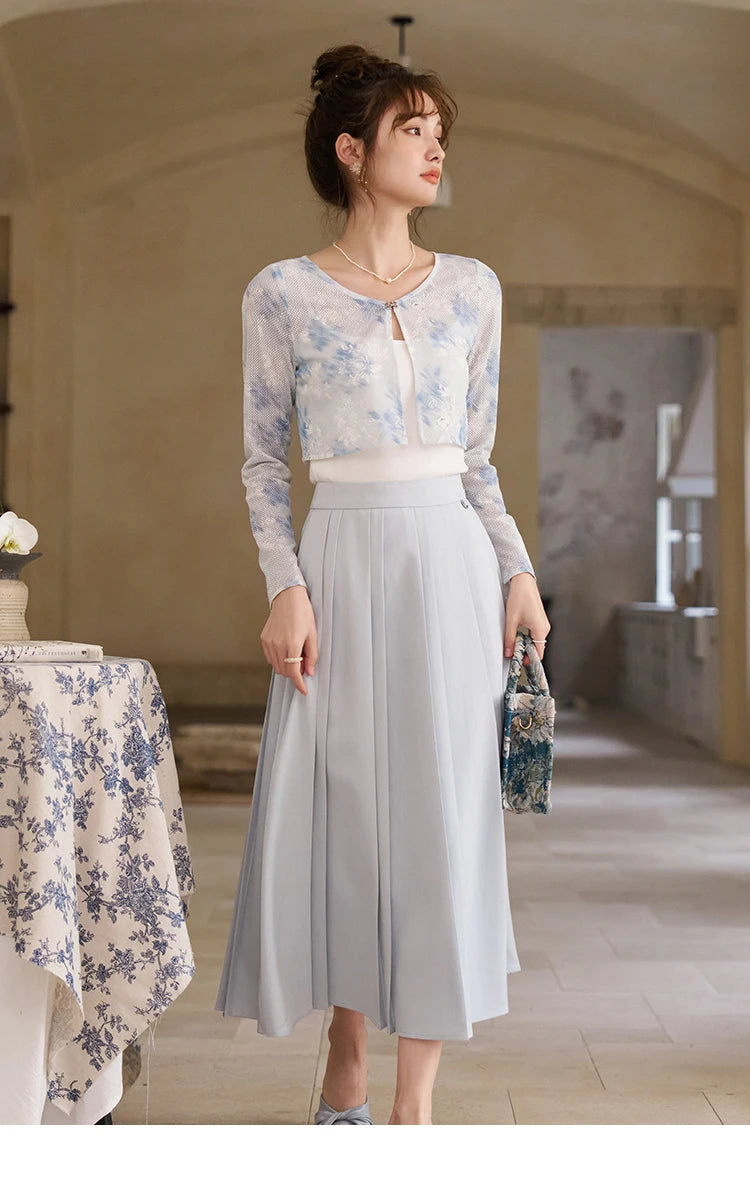 Mishow Elegant Hollow Cardigan & Camisole & Pleated Skirt Set MXD12W0342
