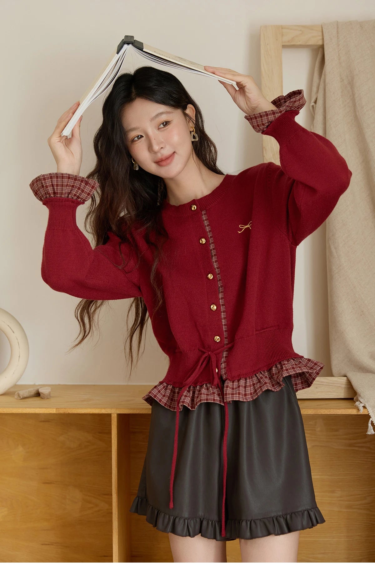 Mishow Red Fake Two-Piece Plaid Patchwork Cardigan MXE45Z2483